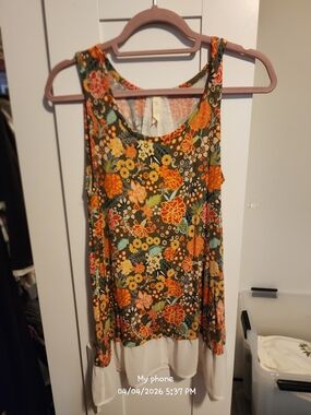 Floral Layered Tank Top with Chiffon Hem - Green/Orange